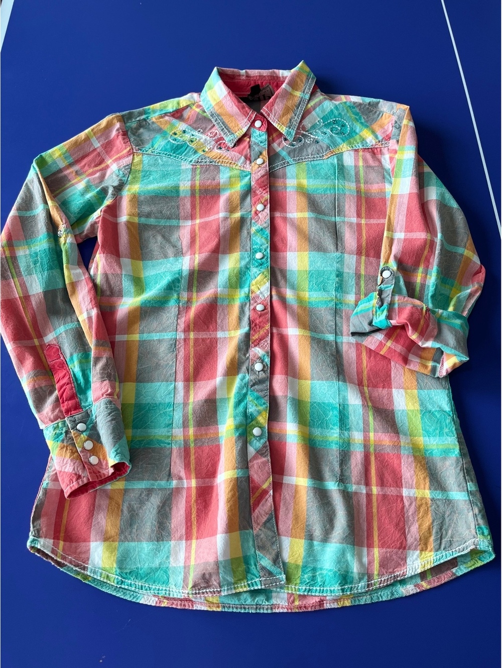 Cowgirl Up Women's multi color Plaid Button-Down Shirt with Embroidery womens M